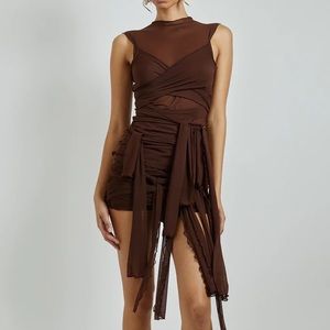 brown mesh mini dress w strappy ties all around